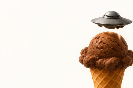 A flying saucer stealing chocolate ice cream. Space for textの素材