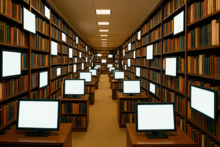 A library with computers among the bookshelvesの素材