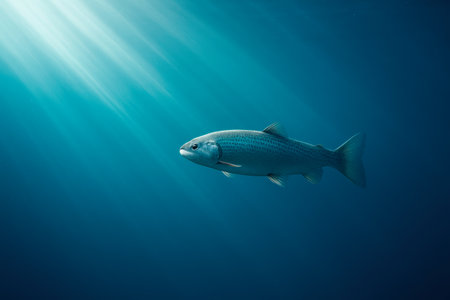 Fish under the sun's rays in the ocean. Space for textの素材