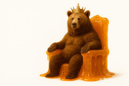A bear with a crown sits on a melting honey throne. Space for textの素材