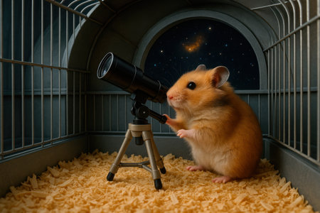 A hamster in a cage looks through a telescope at the starsの素材