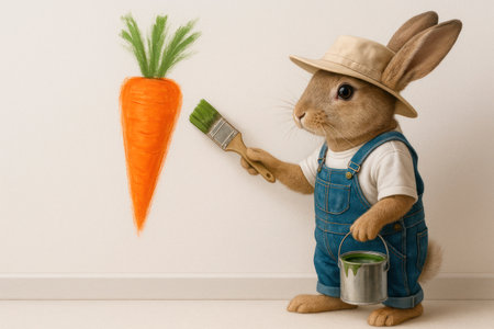 Rabbit in denim jumpsuit drawing carrots on the wallの素材