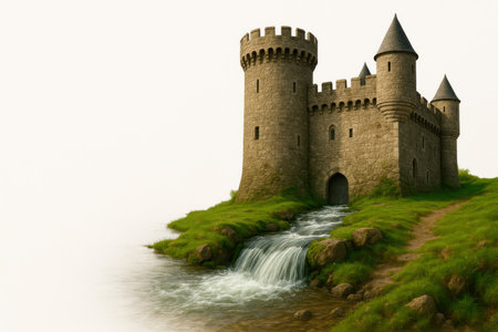 A medieval castle with a stream and a waterfall. Space for textの素材