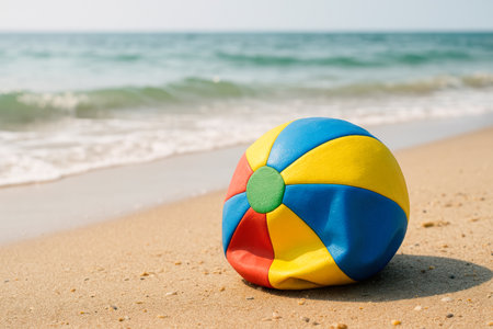 An inflated beach ball lies on a sandy beachの素材