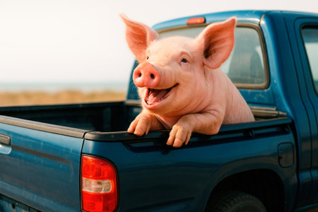 Happy pig in the back of a blue pickup truckの素材