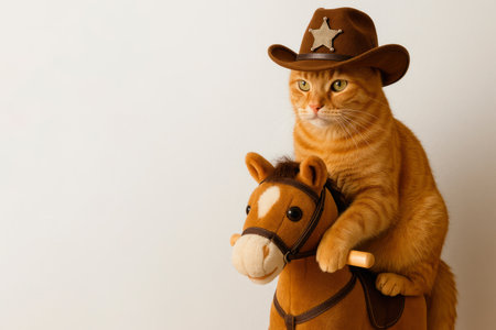 A ginger cowboy cat in a hat sits on a toy horse. Space for textの素材