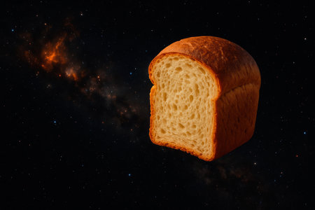Bread in outer space against the background of the galaxy. Space for textの素材