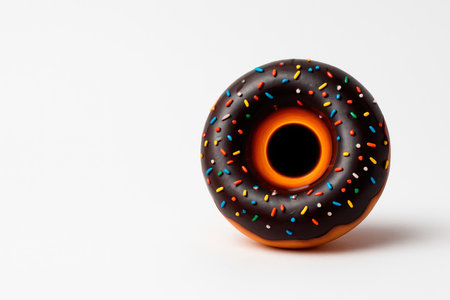 A donut with a black hole in the middle and colored sprinkles. Space for textの素材