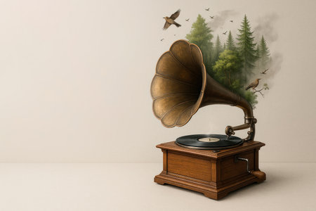 A gramophone from which birds and the forest fly out. Space for textの素材