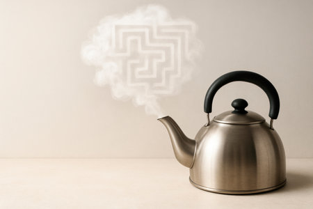 A metal kettle with steam in the shape of a labyrinth. Space for textの素材