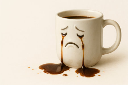 A sad mug with a crying face made of coffee. Space for textの素材