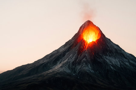 An erupting volcano with red-hot lava. Space for textの素材