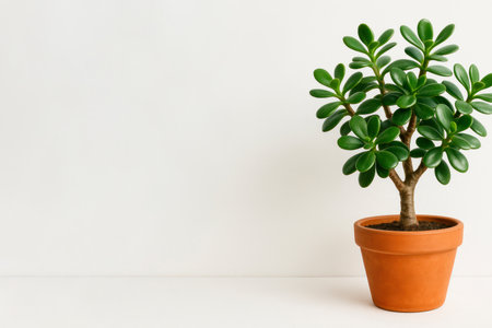 Green houseplant in a clay pot. Space for textの素材