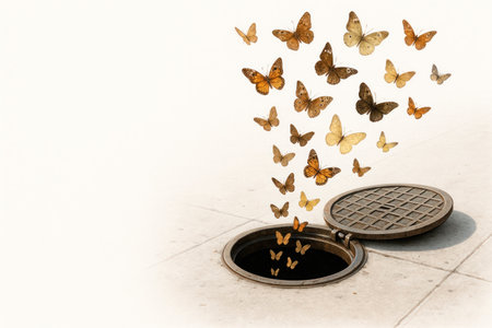 Butterflies flying out of a manhole. Space for textの素材
