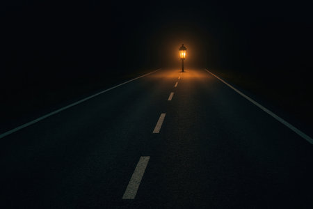 The street lamp stands alone in the middle of the night roadの素材