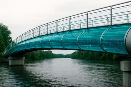 A modern pedestrian bridge with a blue coating over the riverの素材