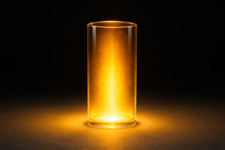 A glass cylinder with a bright golden light insideの素材