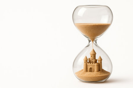 An hourglass in which sand forms a castle. Space for textの素材