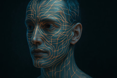 A person's face with illuminated nerve linesの素材