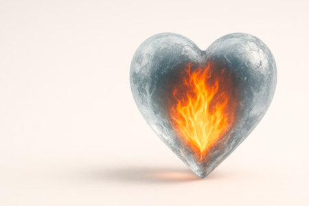 A heart of stone with a flame inside. Space for textの素材