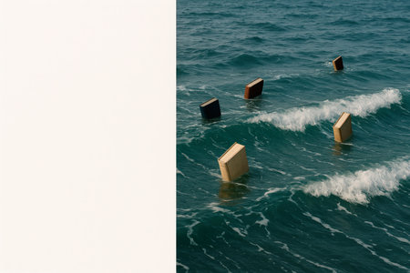 Books floating in the ocean waves. Space for textの素材