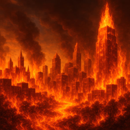 A burning city in fire and lavaの素材