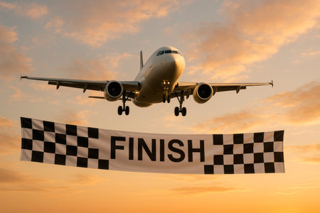 The plane crosses the finish line in the skyの素材