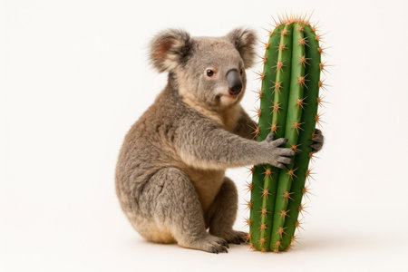 Koala hugging a large green cactus. Space for textの素材
