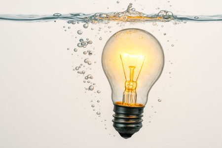 The light bulb glows underwater with air bubbles. Space for textの素材