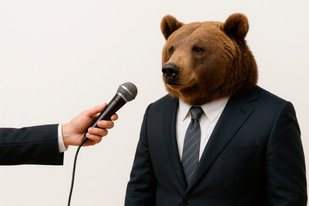 A bear in a business suit gives an interview. Space for textの素材