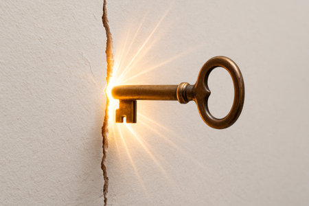 A golden key inserted into a crack with a light insideの素材