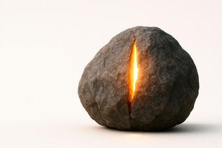 A stone with a bright light inside the crack. Space for textの素材