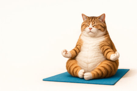 Fat cat meditating on a rug. Space for textの素材