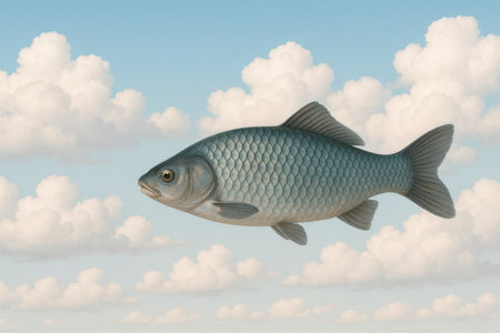 Fish soaring in a cloudy sky. Space for textの素材