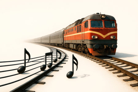 The train moves along the rails of notes. Space for textの素材