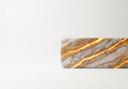 A white marble block with golden cracks glowing from within. Space for textの素材