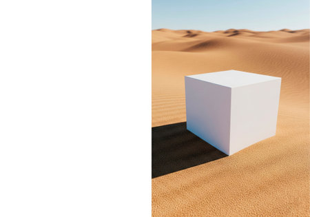 A white cube on the sand in the desert. Space for textの素材