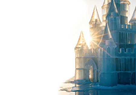 An ice castle with sun rays. Space for textの素材