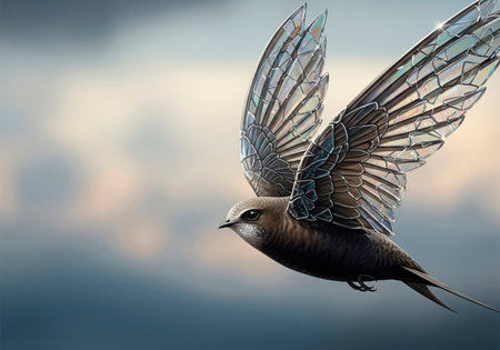 A bird with wings made of glass shards. Space for textの素材