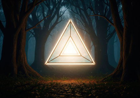 A glowing triangle in a dark mystical forestの素材