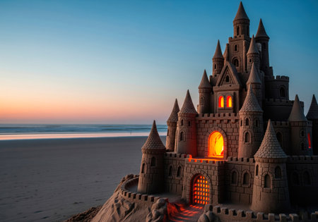 Sand castle with lights on the beach. Space for textの素材
