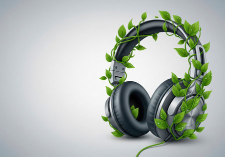 Headphones braided with green leaves. Space for textの素材