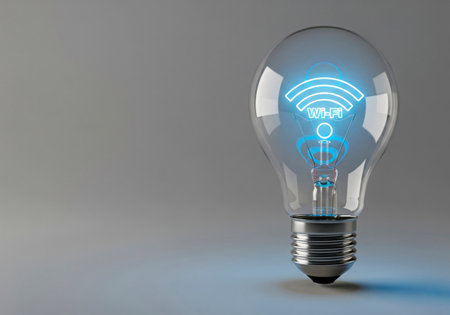 A light bulb with a Wi-Fi symbol inside as a connection concept. Space for textの素材