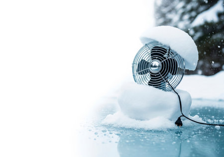 A fan covered in snow, standing on ice. Space for textの素材