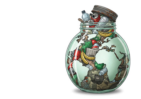 The globe in the form of a jar filled with garbage. Space for textの素材