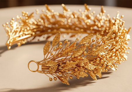 A golden wreath of leaves and berriesの素材