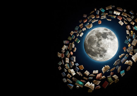 Books revolve around the moon in space. Space for textの素材