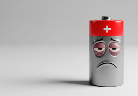 A battery with a tired face symbolizes a low charge. Space for textの素材