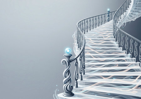 A magical staircase with a shining railing. Space for textの素材