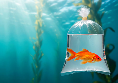 Goldfish in a plastic bag underwater. Space for textの素材